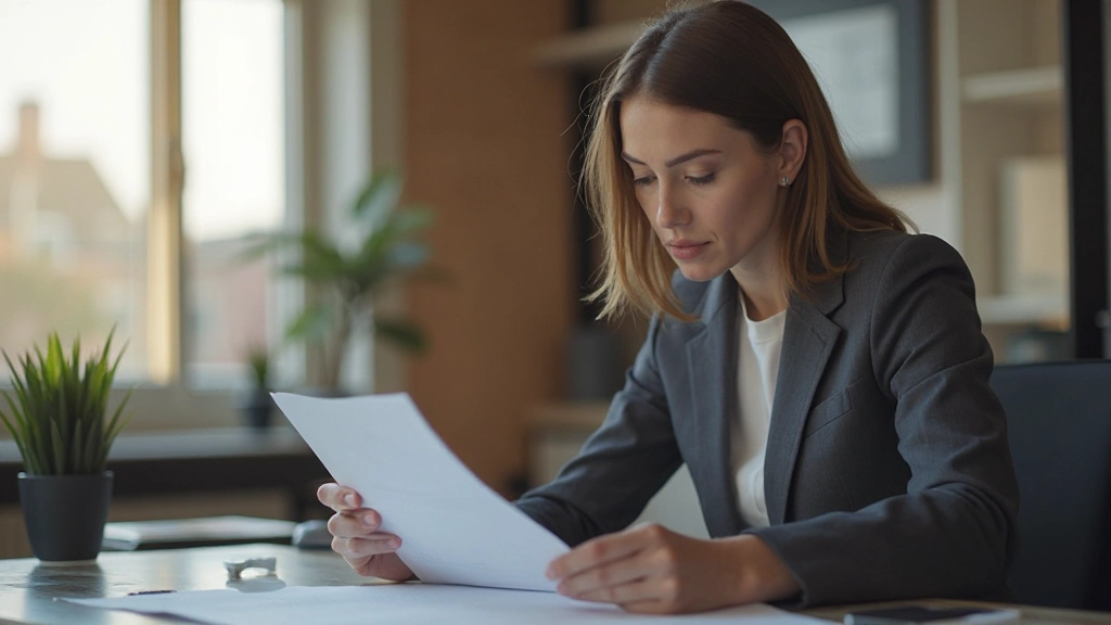 Professionele vrouw met twee zichtbare handen die carrièregroei-strategie evalueert aan bureau