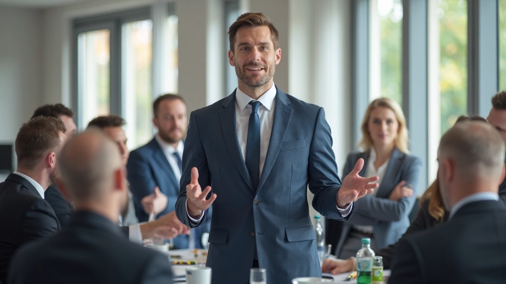 Zelfverzekerde leider spreekt tot team in moderne conferentieruimte
