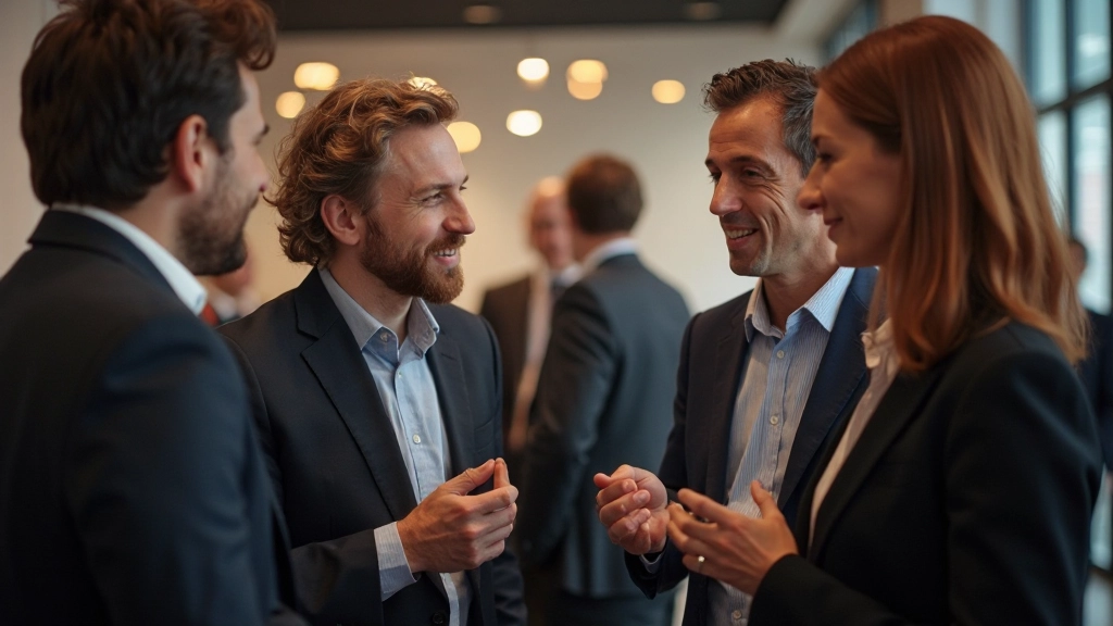 Professionals netwerken op zakelijk event met natuurlijk licht en moderne omgeving