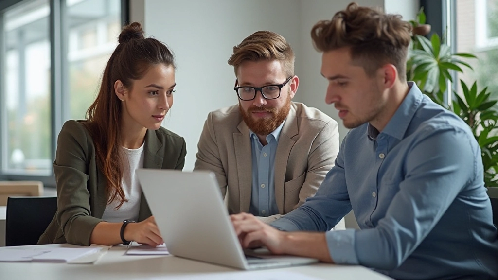 Team collaboreert met digitale tools en laptops op moderne werkplek met natuurlijk licht