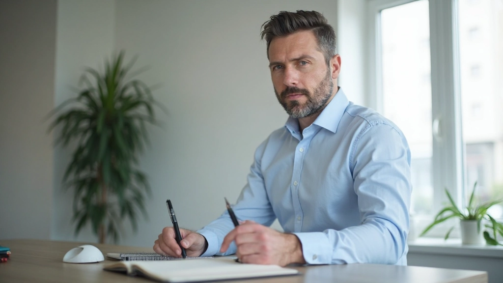 Professionele man met twee zichtbare handen werkend aan strategie in modern kantoor