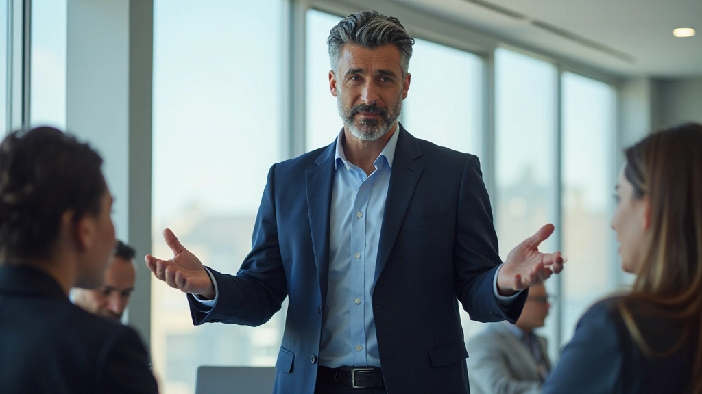 Mannelijke professional met twee zichtbare handen leidend teamvergadering in conferentiezaal