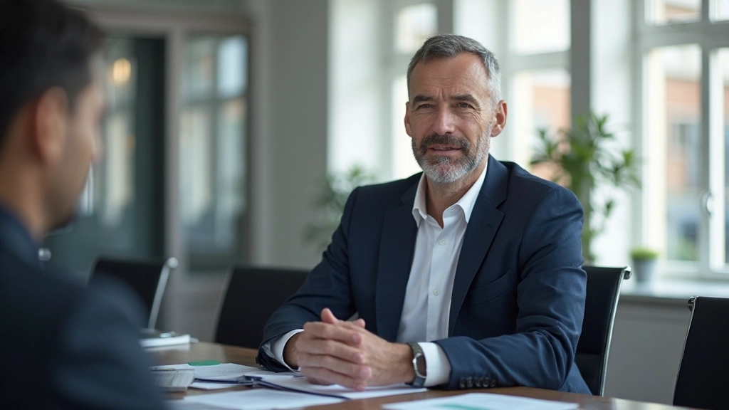 Male professional with two hands visible leading team meeting in conference room