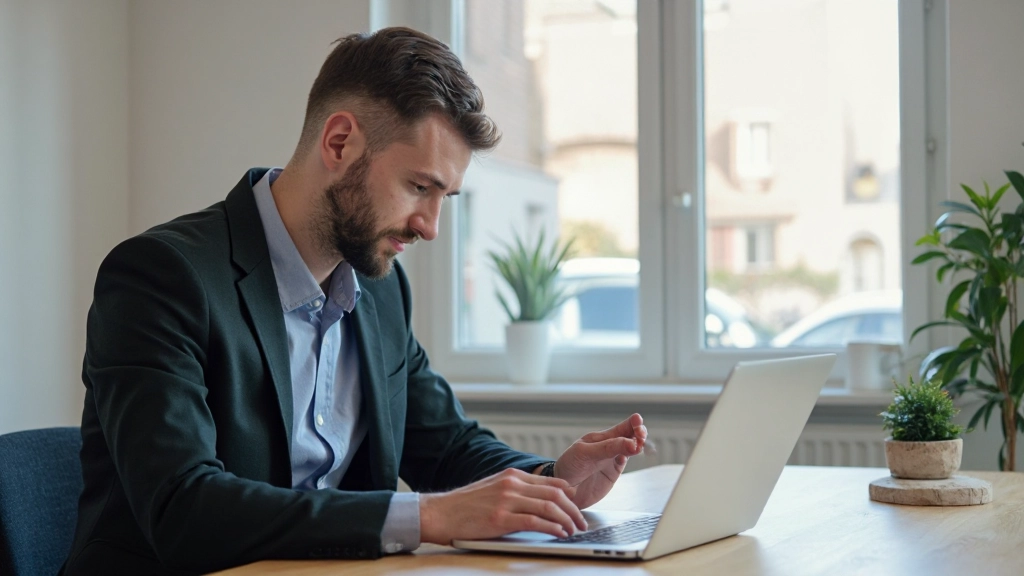 Professionele afbeelding van iemand die aan een laptop werkt met digitale tools zichtbaar op het scherm