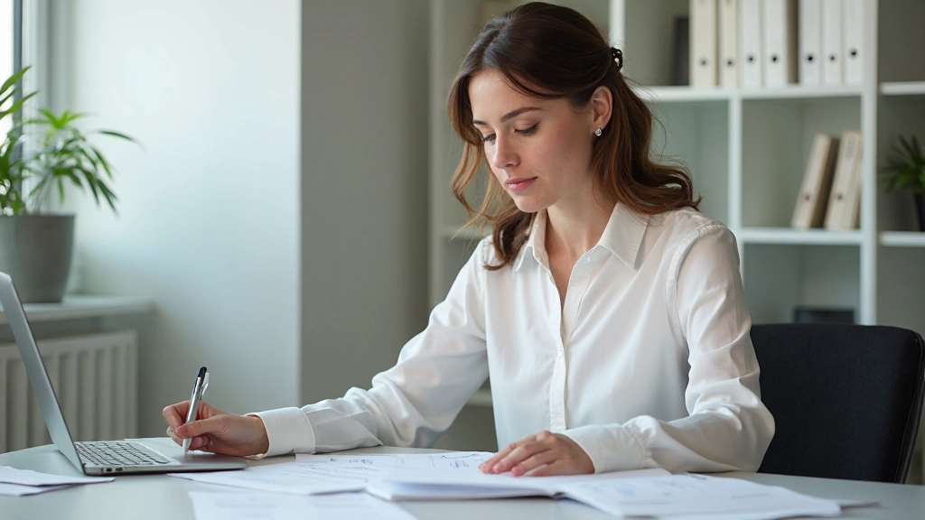 Professional woman with two hands visible at desk reviewing career development plan